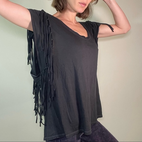 Free People Off Black Fringe Slouchy Soft Stretchy Tee Tunic - Picture 8 of 16